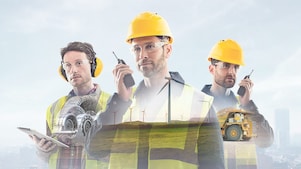 three workers on radios and reading documents, transposed over a background of blue sky with light clouds