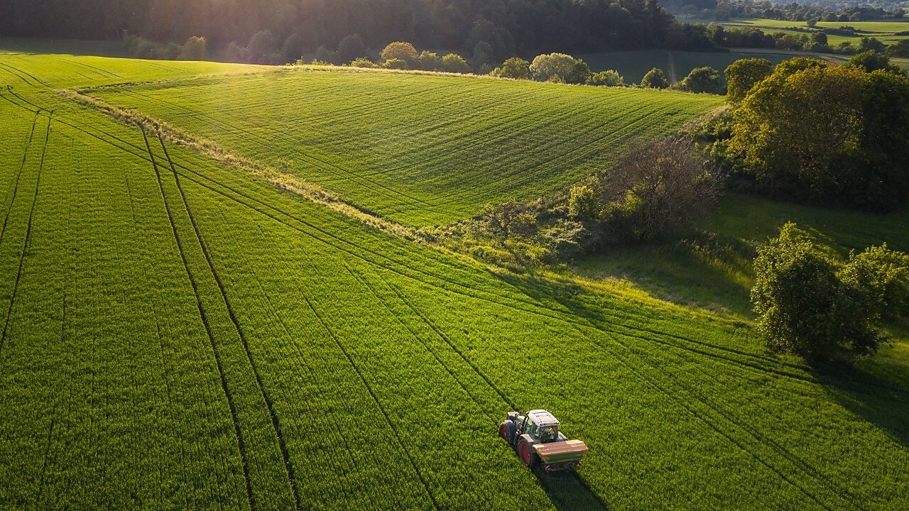 Tractor in field wide shot