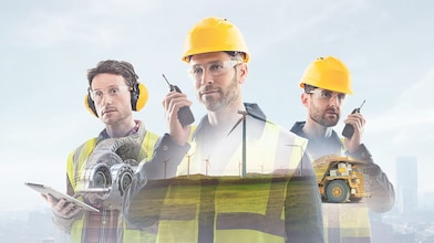 three workers on radios and reading documents, transposed over a background of blue sky with light clouds