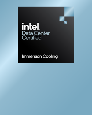Blue background with the Intel logo pasted on top. Intel Data Center Certified, Immersion Cooling